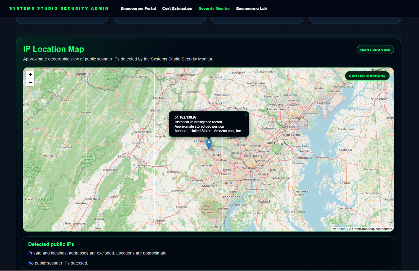 Systems Studio AI Security Monitor IP geolocation map screenshot