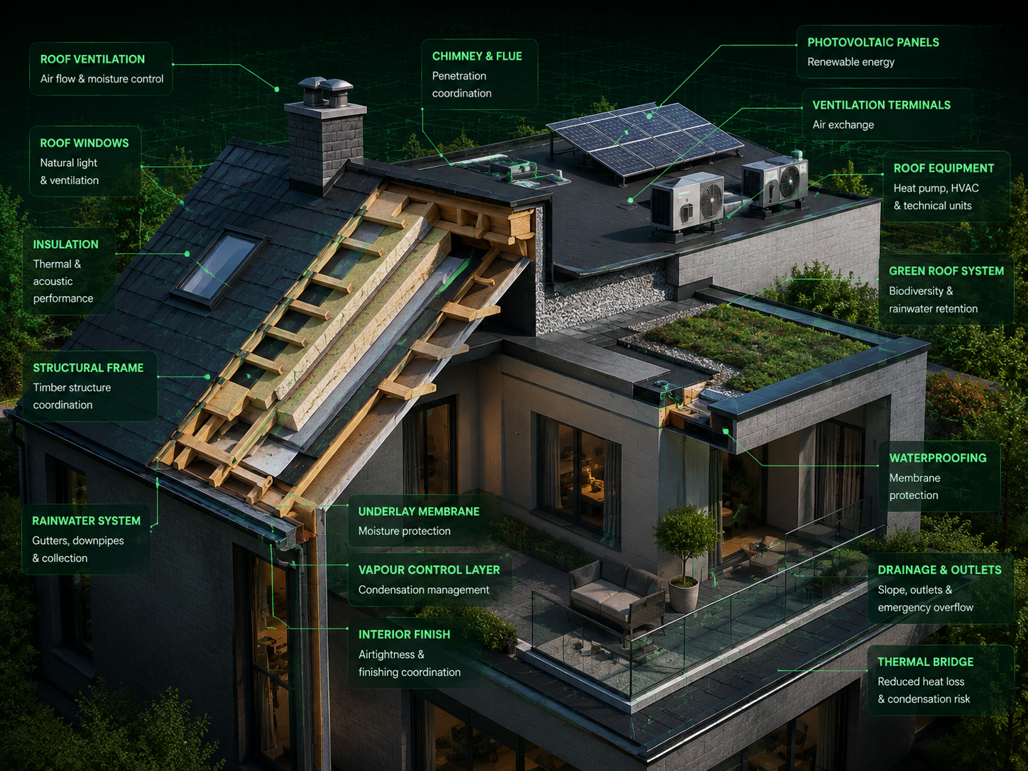 Detailed architectural roof renovation cutaway showing insulation, waterproofing, drainage, solar panels, ventilation and technical equipment