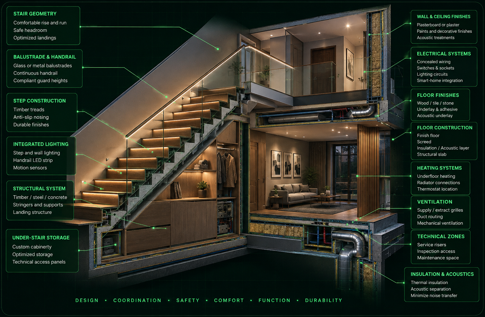 Detailed stair and interior renovation cutaway showing geometry, structure, balustrades, lighting, storage, finishes, electrical systems, heating and ventilation coordination